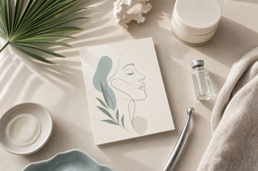 A polished aesthetic consultation flat lay with skincare tools, abstract facial line art, and soft teal and tan accents.