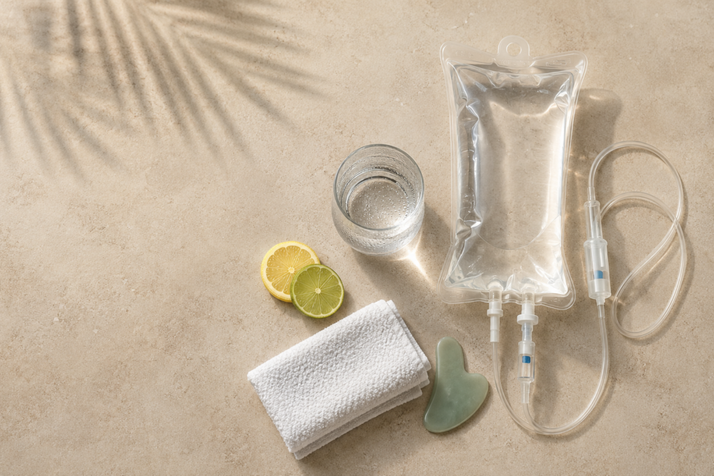 Top-down flat lay with an unbranded IV bag, clear water glass, citrus slices, folded towel, and soft palm-leaf shadows on a light tan surface.
