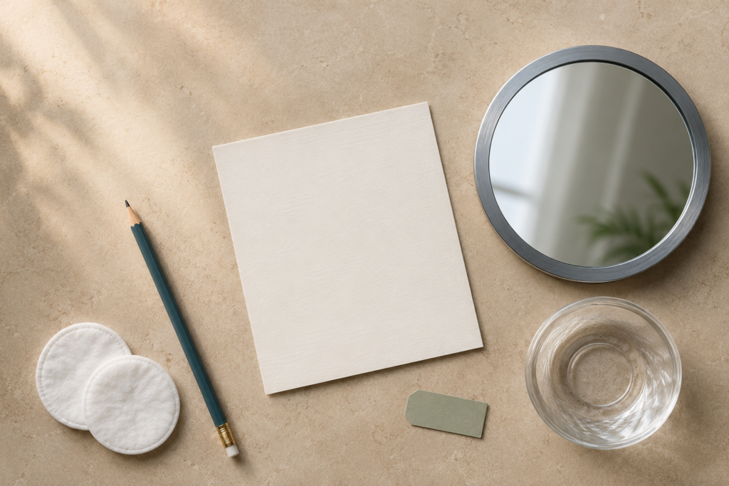 Dysport in Jupiter: A Practical Guide to Consultation, Timing, and Aftercare 1 Top-down flat lay with a blank consultation card, round mirror, white cotton pads, clear glass dish, and teal pencil on a warm tan stone surface.