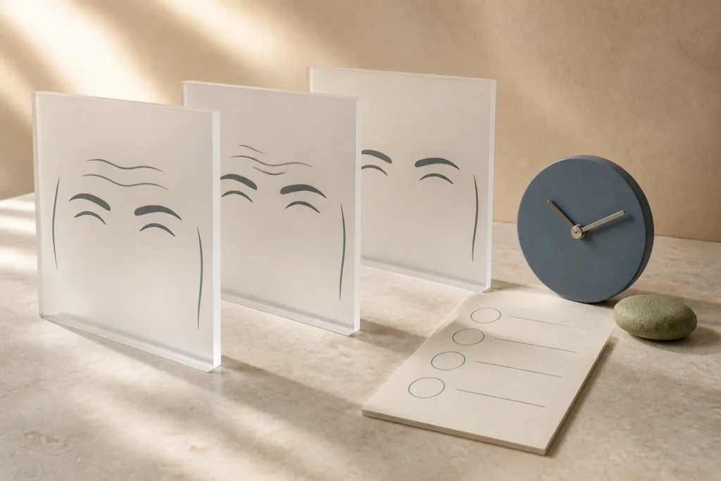 Dysport in Jupiter: A Practical Guide to Consultation, Timing, and Aftercare 8 Abstract upper-face illustration with movement lines across the forehead, between the brows, and beside the eyes, above calendar and aftercare symbols.