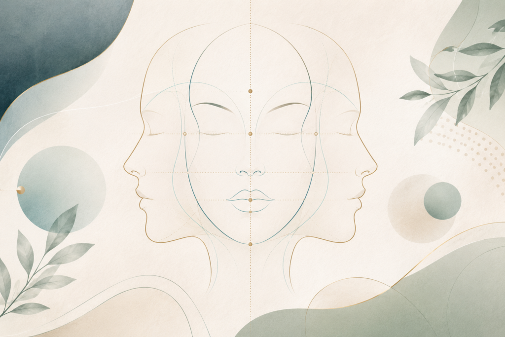 Abstract facial contour graphic with soft teal and sage accents representing Facial Balancing planning.