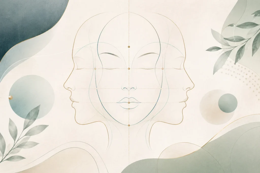 Facial Balancing In Jupiter: A Natural-Looking Approach To Aesthetic Injectables 1 Elegant facial line art flat lay with soft teal accents for a Facial Balancing consultation article.
