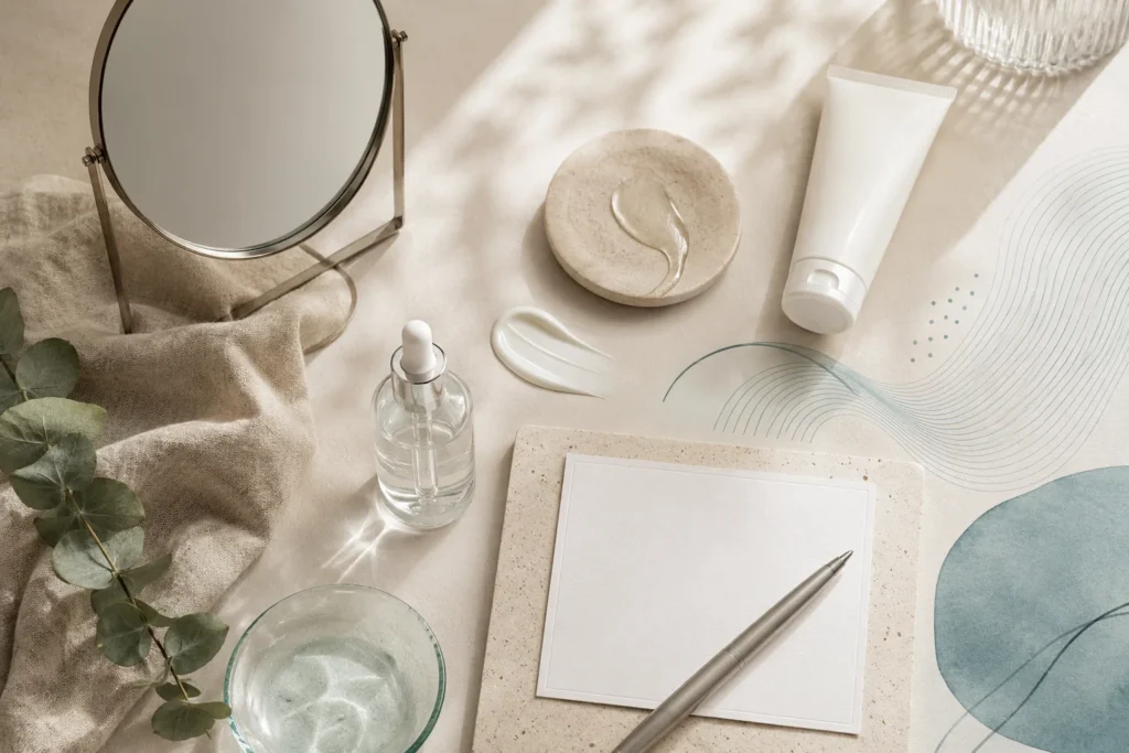 Laser Resurfacing In Jupiter: What To Know Before Treatment 1 A refined skincare flat lay with soft teal accents, a mirror, and sun care items for a Laser Resurfacing consultation article.