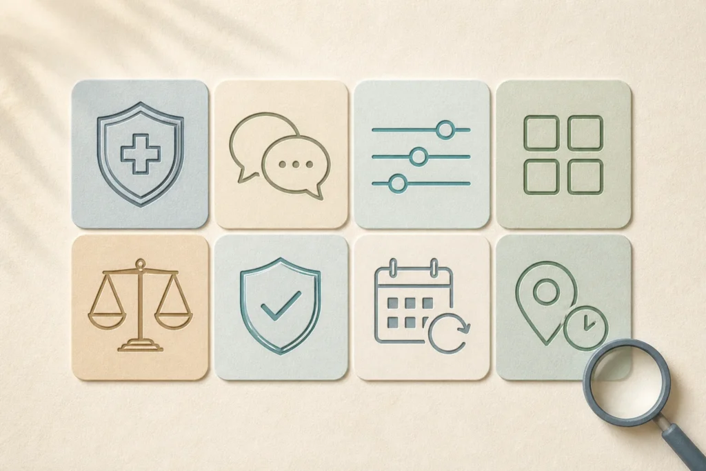 How to Choose a Med Spa in Jupiter: 8 Questions to Ask Before Booking 6 Eight paper tiles with icons for oversight, consultation, personalization, services, expectations, safety, planning, and convenience.