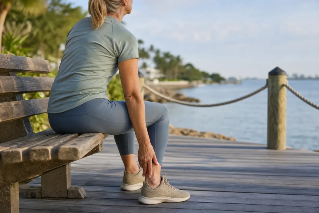 Woman seated on a waterfront boardwalk resting a hand near her heel after a walk.
