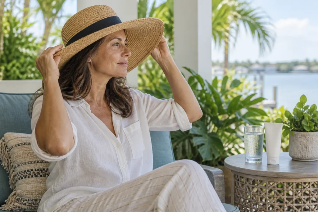 Microneedling in Jupiter: How to Prepare and Plan for Recovery 2 Woman putting on a wide-brim sun hat on a shaded Florida patio beside water and sunscreen.