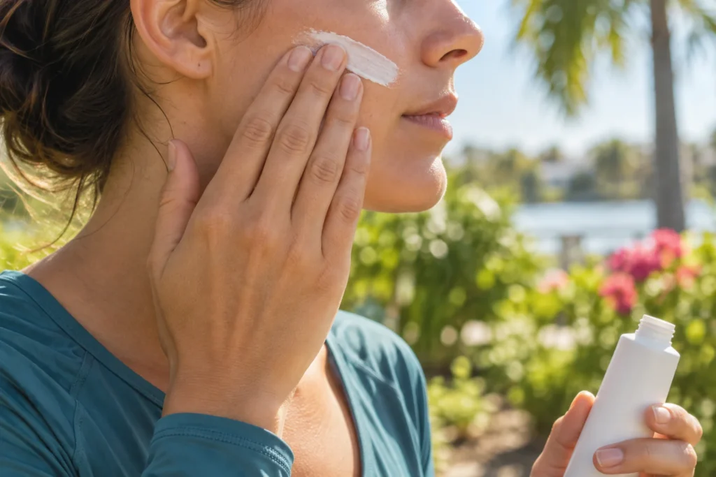 Sun Spots: 8 Helpful Questions to Ask Before IPL 1 Close view of an adult applying white sunscreen to the cheek outdoors to prevent sun spots while holding a plain bottle.